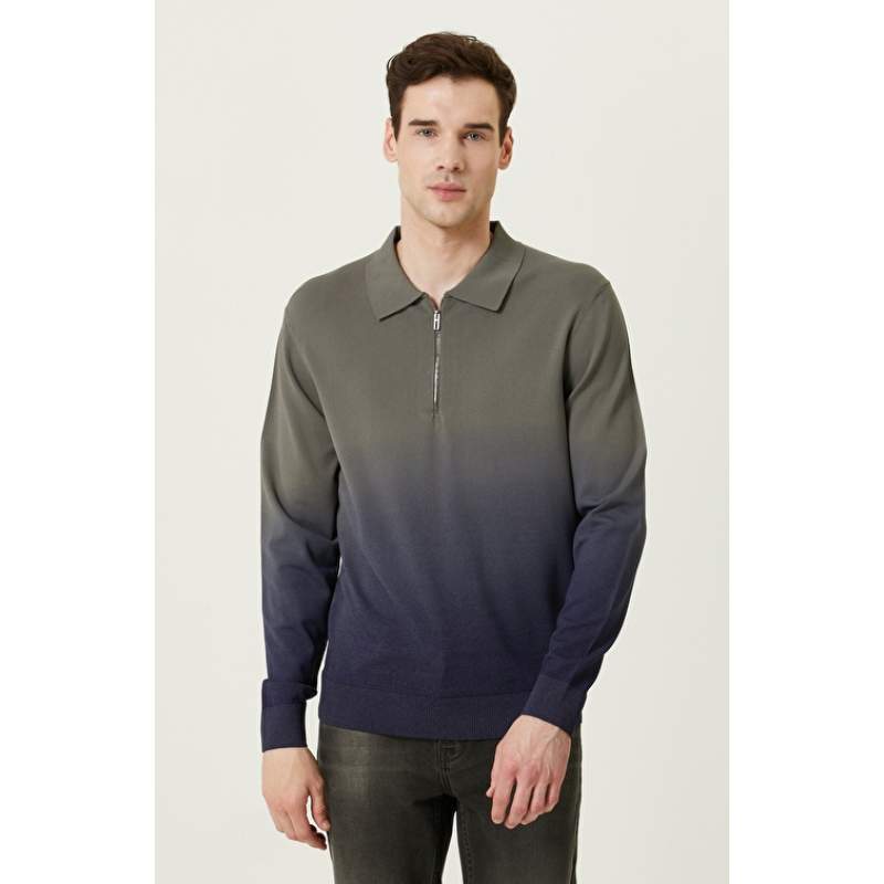 Gradient Khaki Polo Neck Knitwear Sweater