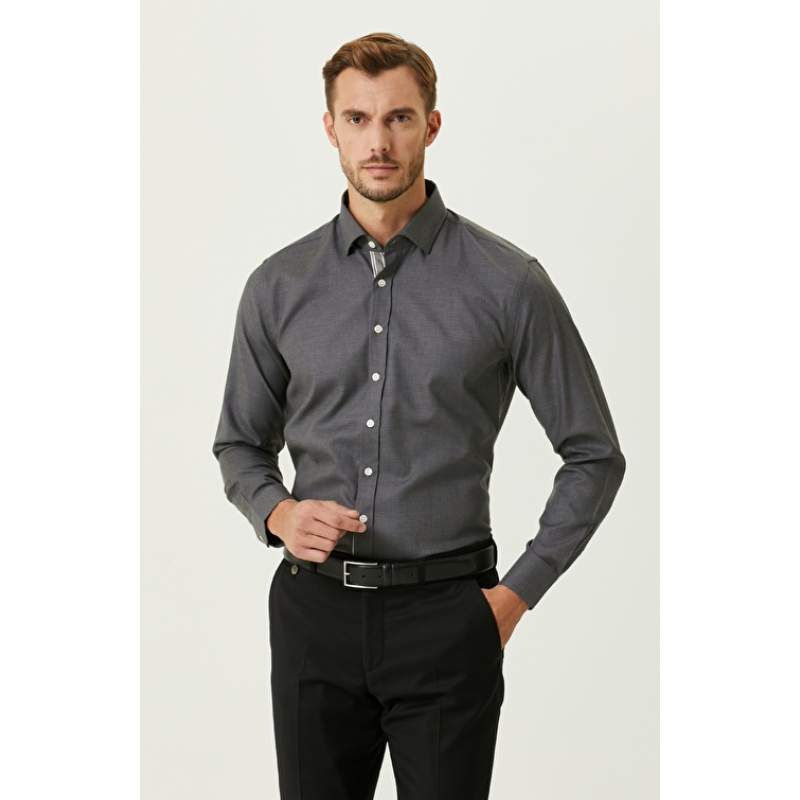 Slim Fit Anthracite Diagonal Cotton Shirt