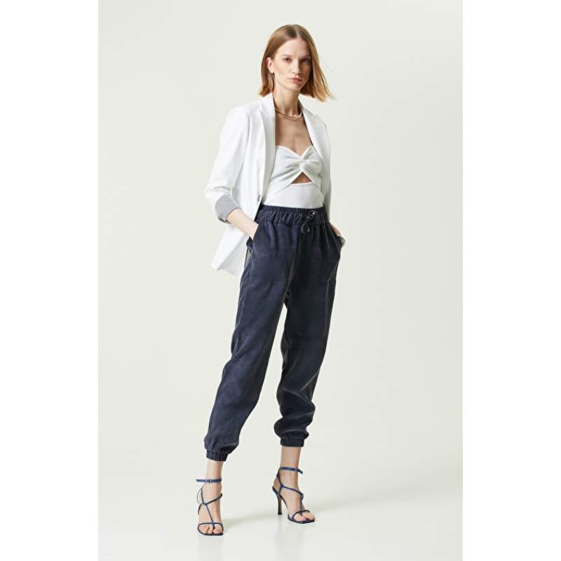 Navy Blue High Waist Slim Leg Pants