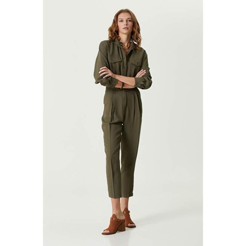 Khaki Buttoned Long Sleeve Jumpsuit
