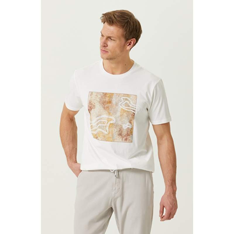 Ecru Printed Short Sleeve Crew Neck T-shirt Ecru Printed Short Sleeve Crew Neck T-shirt