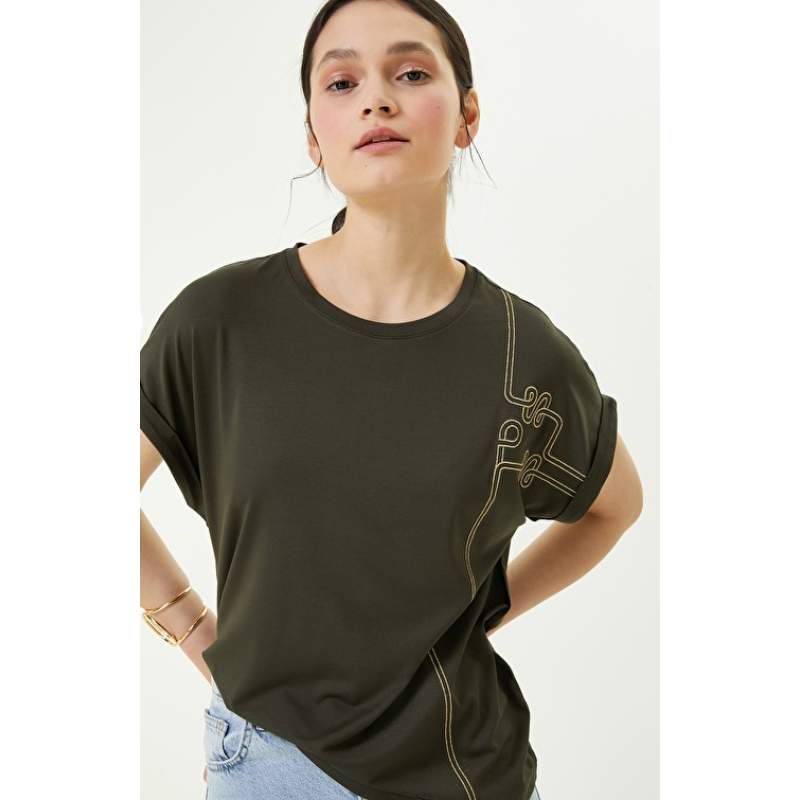 Khaki Embroidered Short Sleeve T-shirt