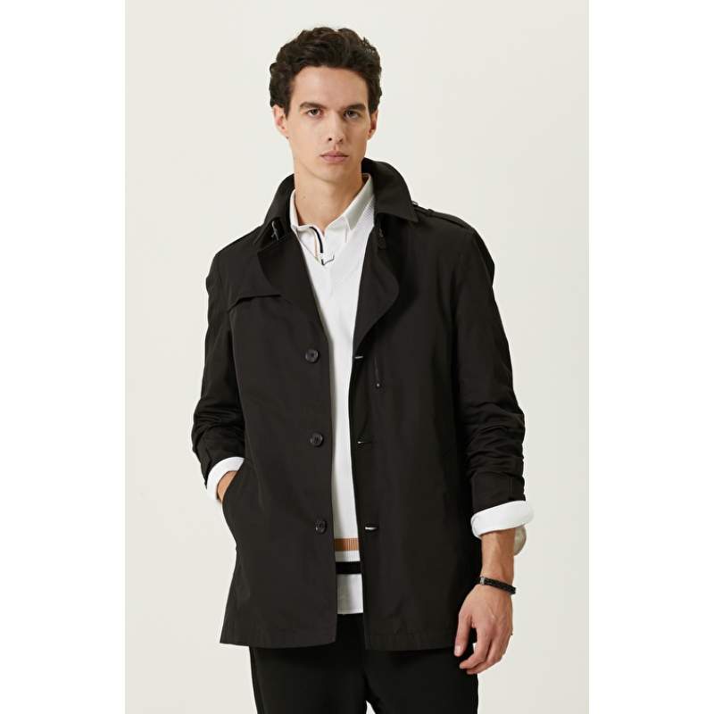 Black Long Sleeve Shirt Collar Overcoat