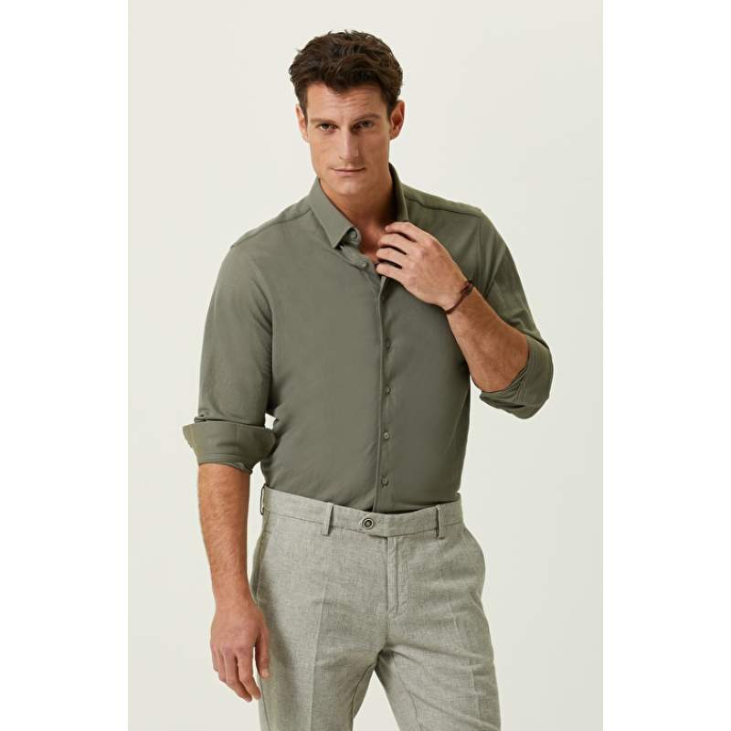 Khaki Long Sleeve Comfort Fit Shirt