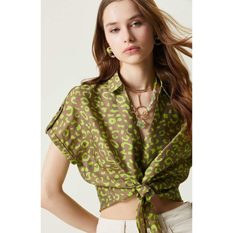 Khaki Patterned Short Sleeve Blouse