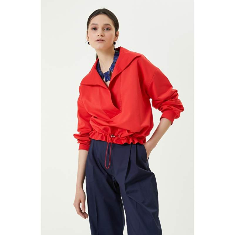 Red V-Neck Long Sleeve Blouse