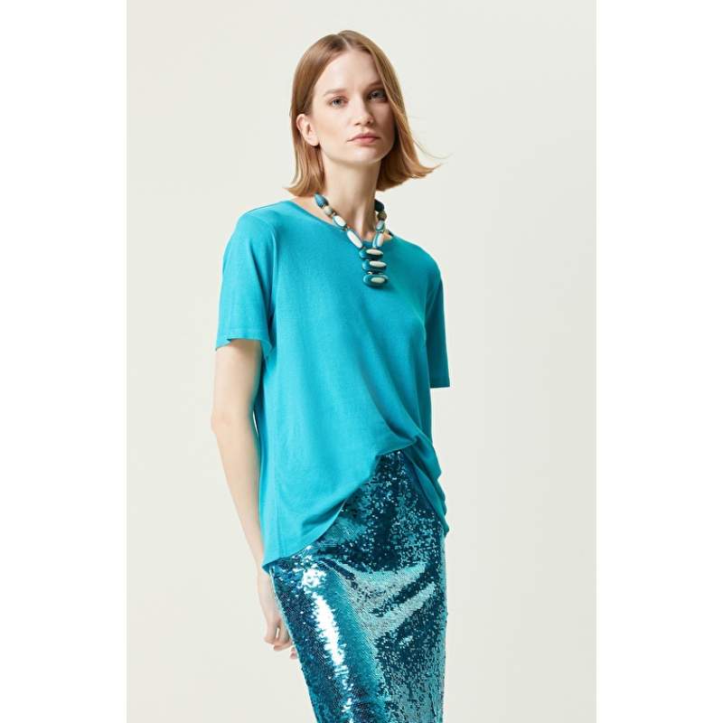 Turquoise Short Sleeve Crew Neck Sweater Turquoise Short Sleeve Crew Neck Sweater