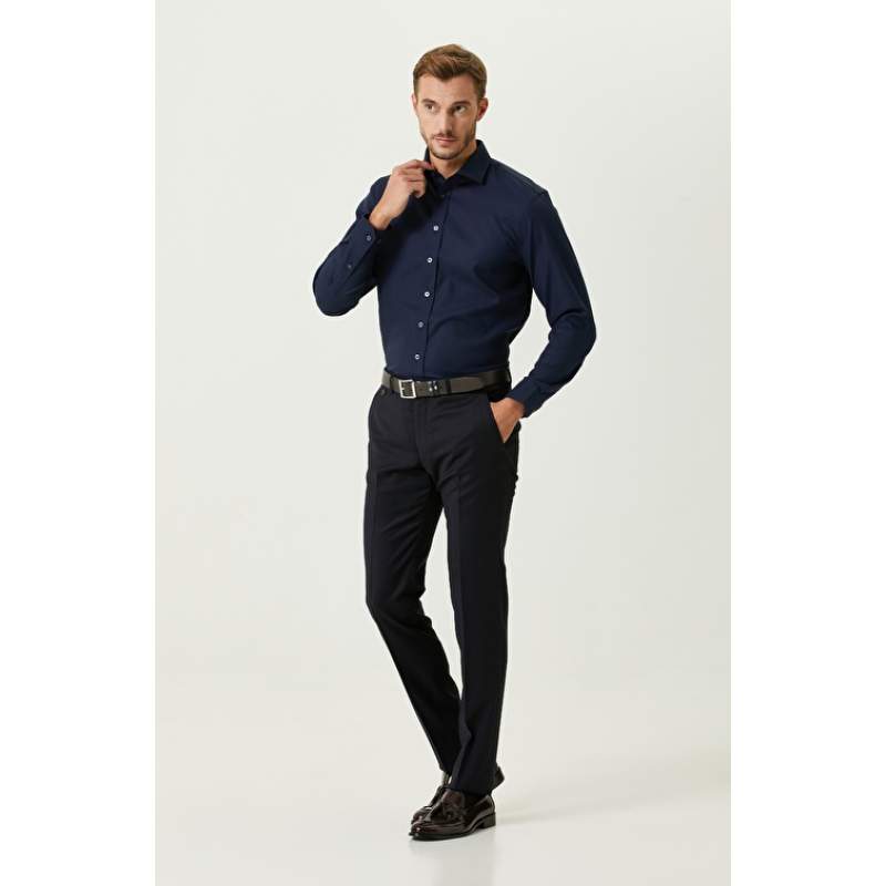 Slim Fit Navy Blue Wool Trousers