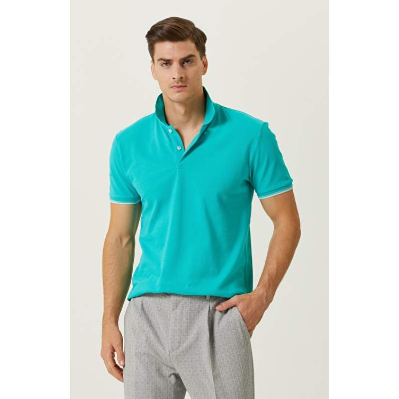Mint Green Polo Neck Cotton Slim Fit T-Shirt