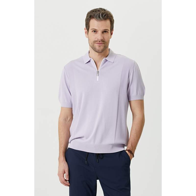 Lilac Polo Collar Zippered Sweater