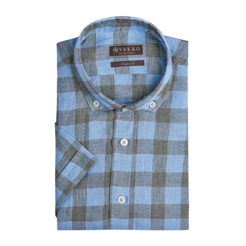 VAKKO LINEN PLAID PATTERNED SPORTS SHIRT
