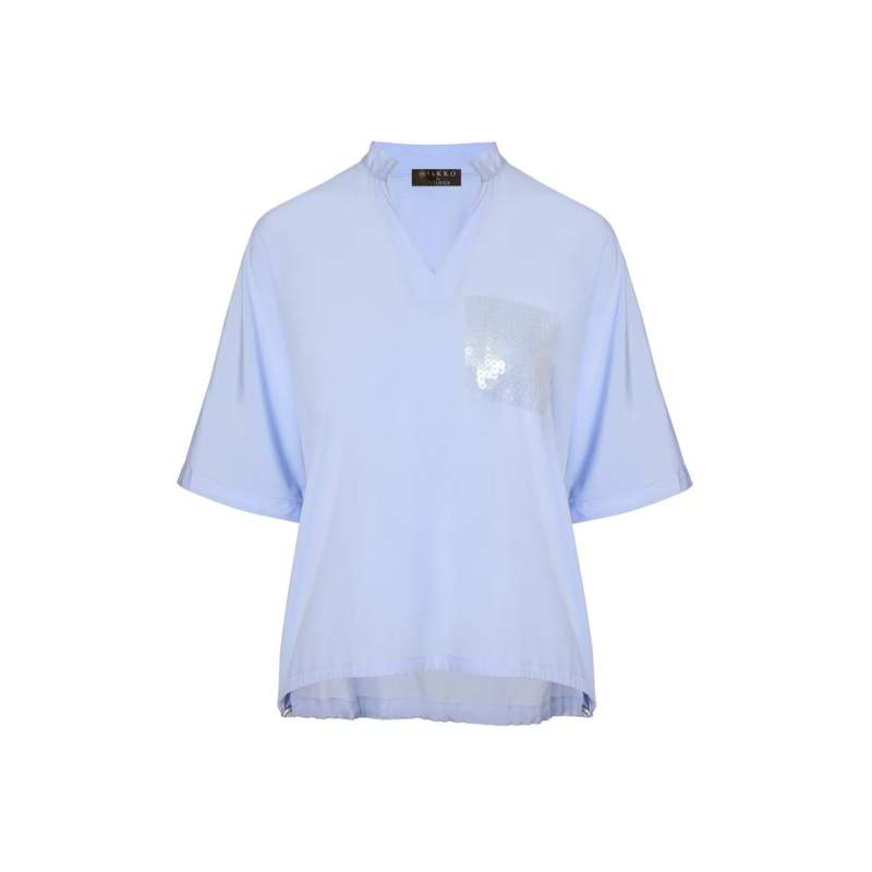 Vakko BLUE SEQUINED SILK BLOUSE