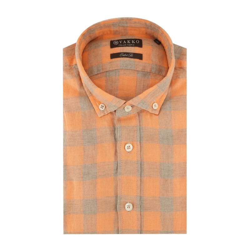 VAKKO LINEN PLAID PATTERNED SPORTS SHIRT