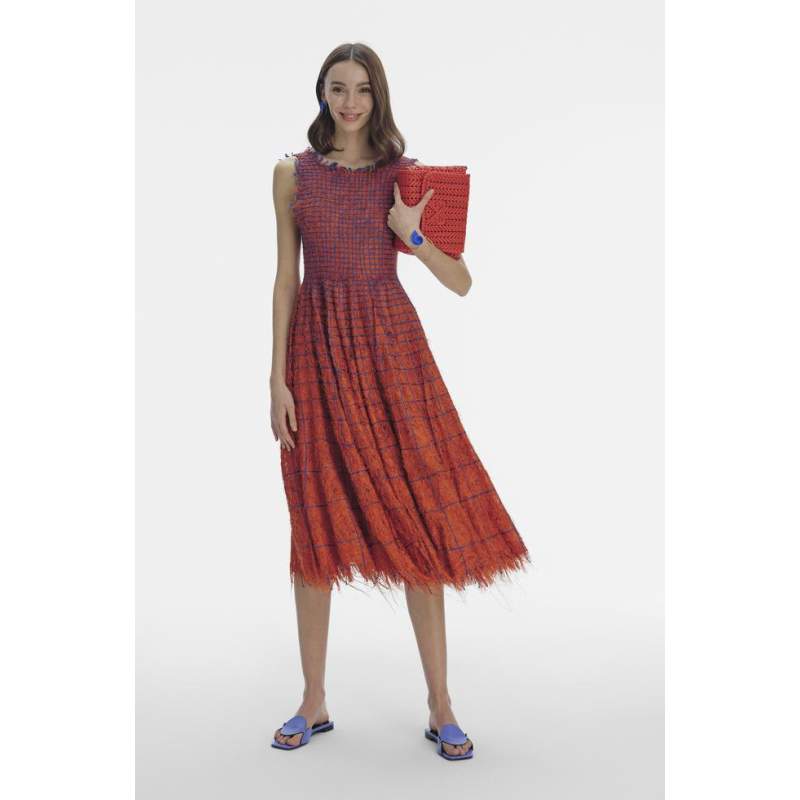 Vakko ORANGE PATTERNED MIDI DRESS
