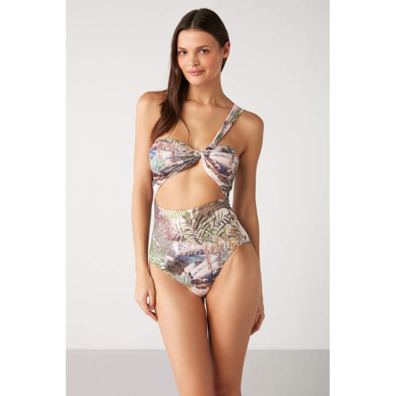 Baum Palm Pattern One Shoulder Swimsuit