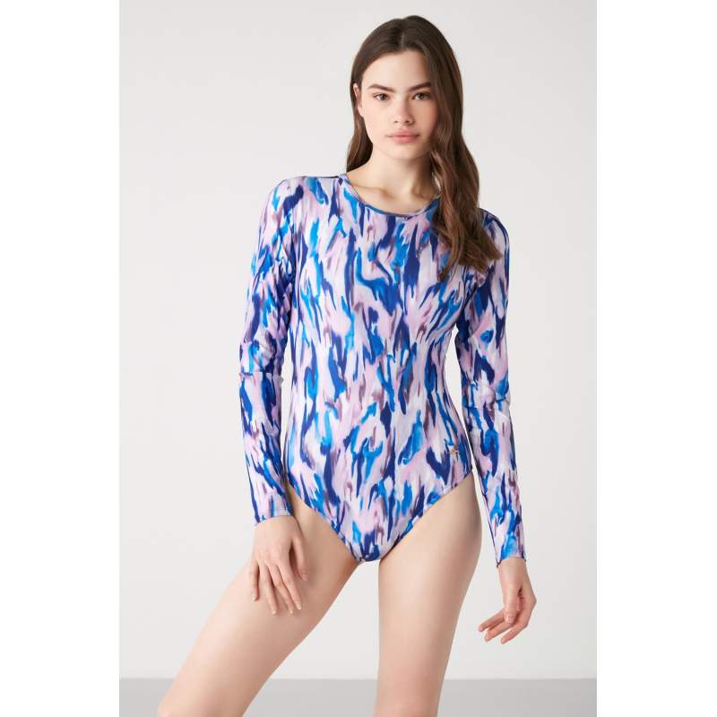 Babe Colorful Patterned Long Sleeve Swimsuit