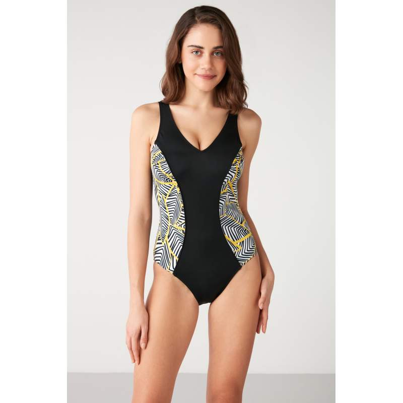 Kuni ÇLine Patterned Shiny Trim Swimsuit Kuni ÇLine Patterned Shiny Trim Swimsuit