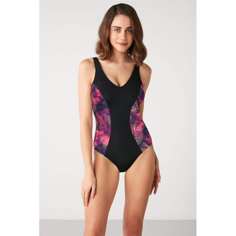 Hawaiian Patterned V-Neck Swimsuit