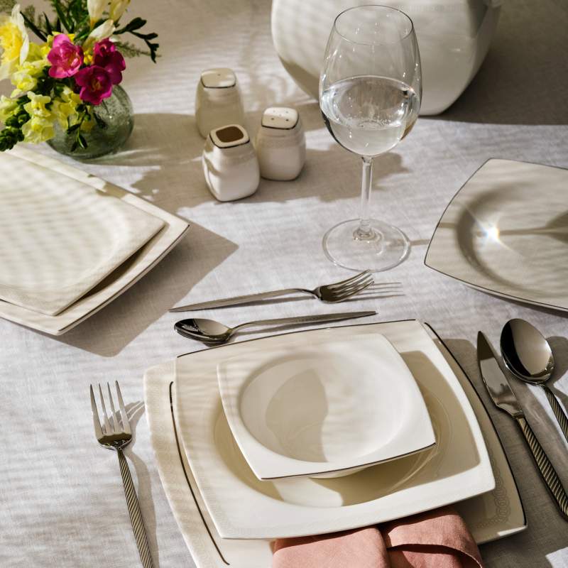 Emsan Zencerek Fine Bone 60 Pieces Square Dinnerware Set for 12 Persons