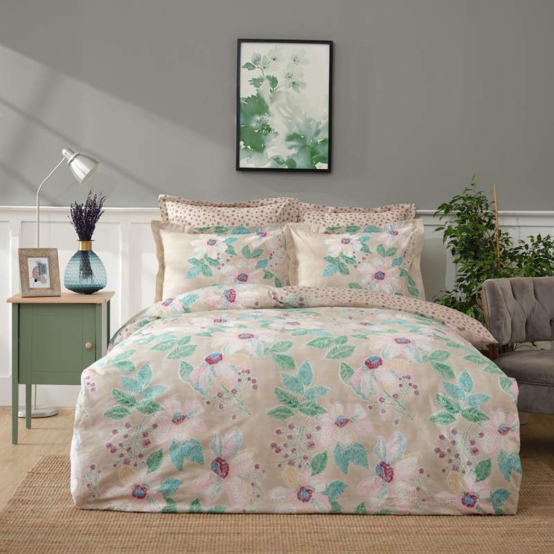 Karaca Home Fiore Beige Double 100% Cotton Duvet Cover Set Fitted Karaca Home Fiore Beige Double 100% Cotton Duvet Cover Set Fitted