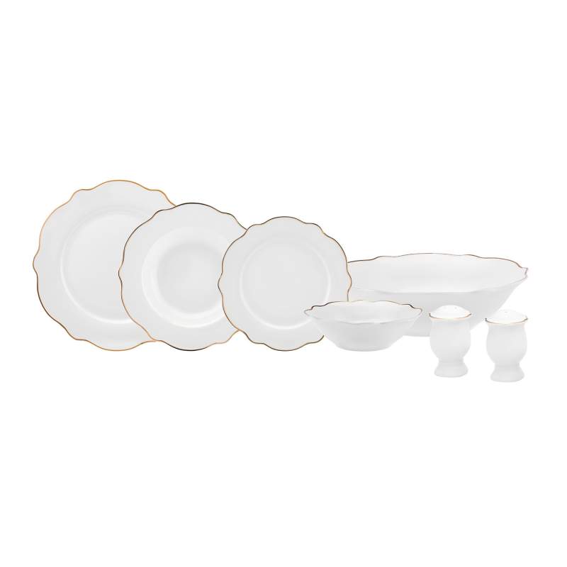 Karaca Daisy Gold Wave Shape Large Bowl 27 Pieces 6 Person Porcelain Dinnerware