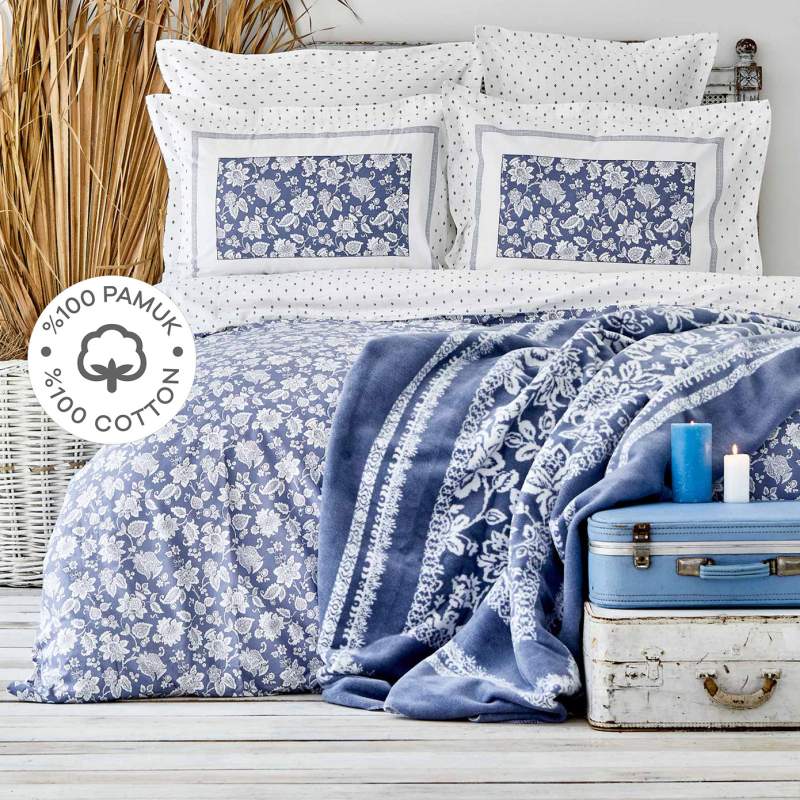 Karaca Home Celerina Blue 100% Cotton Double Fitted Duvet Cover Set Karaca Home Celerina Blue 100% Cotton Double Fitted Duvet Cover Set