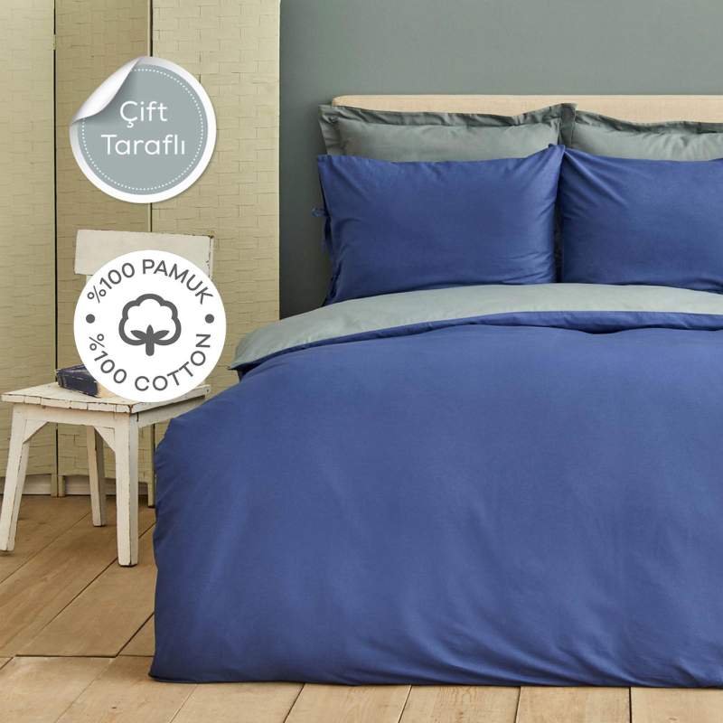 Karaca Home Basic Gray Indigo 100% Cotton Double Sided Double Duvet Cover Set