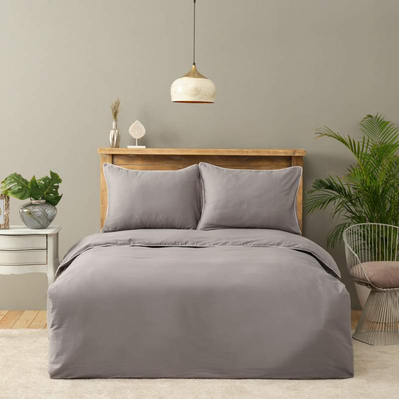 Karaca Home Gray Offwhite Piping 100% Cotton Satin Double Duvet Cover Set Karaca Home Gray Offwhite Piping 100% Cotton Satin Double Duvet Cover Set