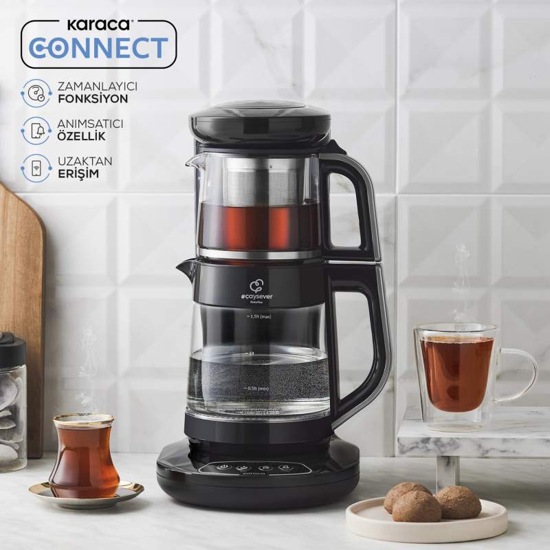 Karaca Çaysever Robotea Connect 3 in 1 Talking Automatic Glass Tea Maker Kettle and Filter Coffee Brewing Machine 2500W Chrome