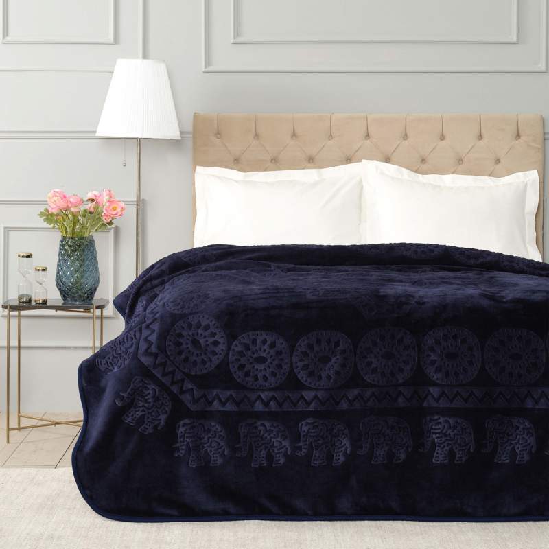 Karaca Home Elephant Navy Blue Double Soft Embosy Blanket Karaca Home Elephant Navy Blue Double Soft Embosy Blanket