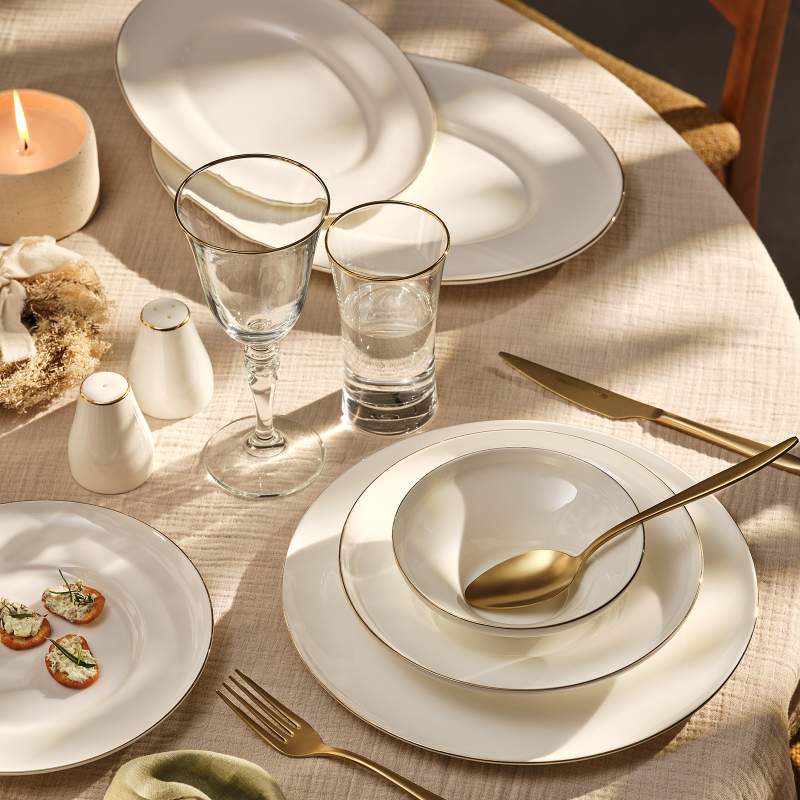 Emsan Alicia Fine Bone 60 Pieces Dinnerware Set for 12 People Round Gold