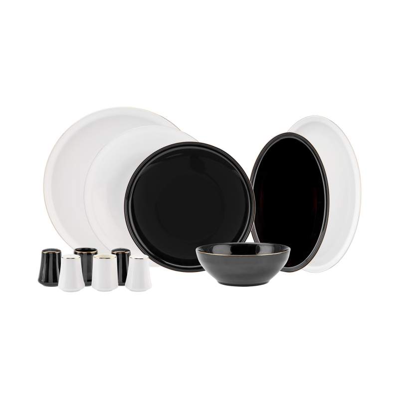 Karaca Elara Black White 57 Pieces New Bone Dinnerware Set for 12 Persons