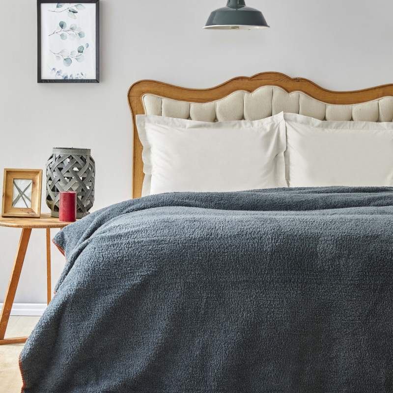 Karaca Home Faye Petrol Double Sherpa Blanket Karaca Home Faye Petrol Double Sherpa Blanket