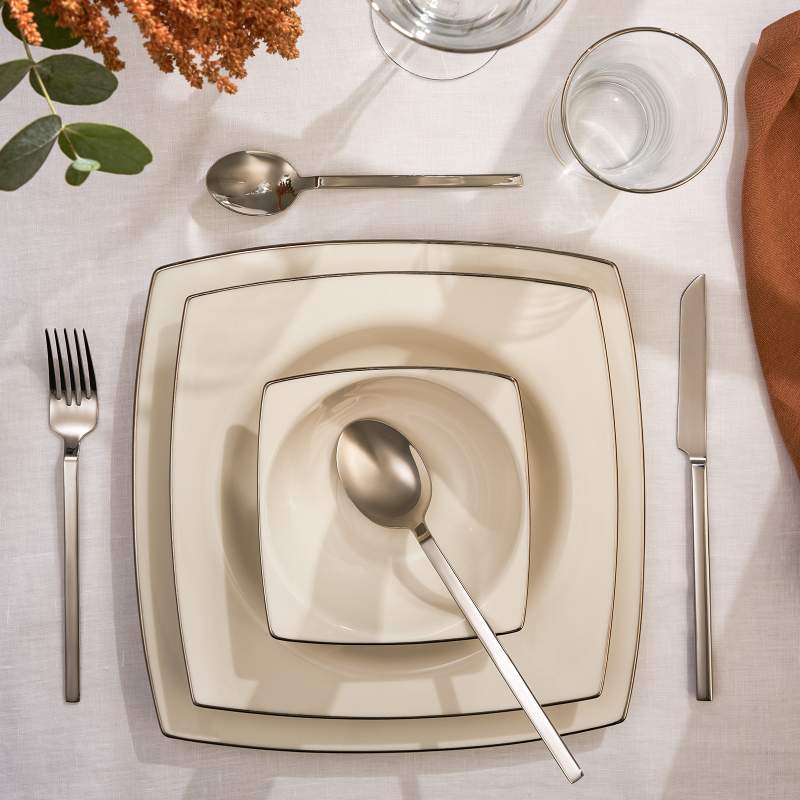 Emsan Karmen Porcelain 60 Pieces 12 Person Square Dinner Set Platinum