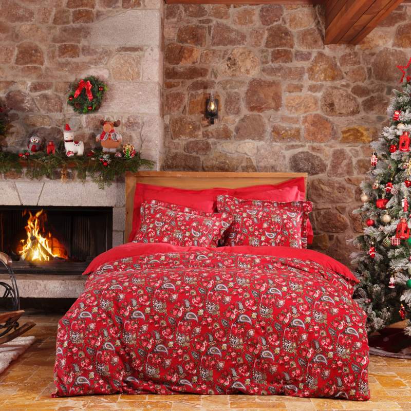 Karaca Home Despina Red 100% Cotton Flannel Double Duvet Cover Set Karaca Home Despina Red 100% Cotton Flannel Double Duvet Cover Set