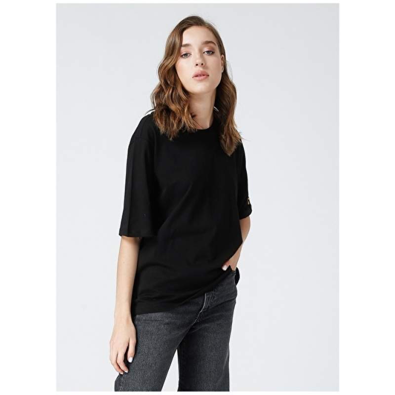 Factory Crew Neck Plain Black Women's T-Shirt DANTITA