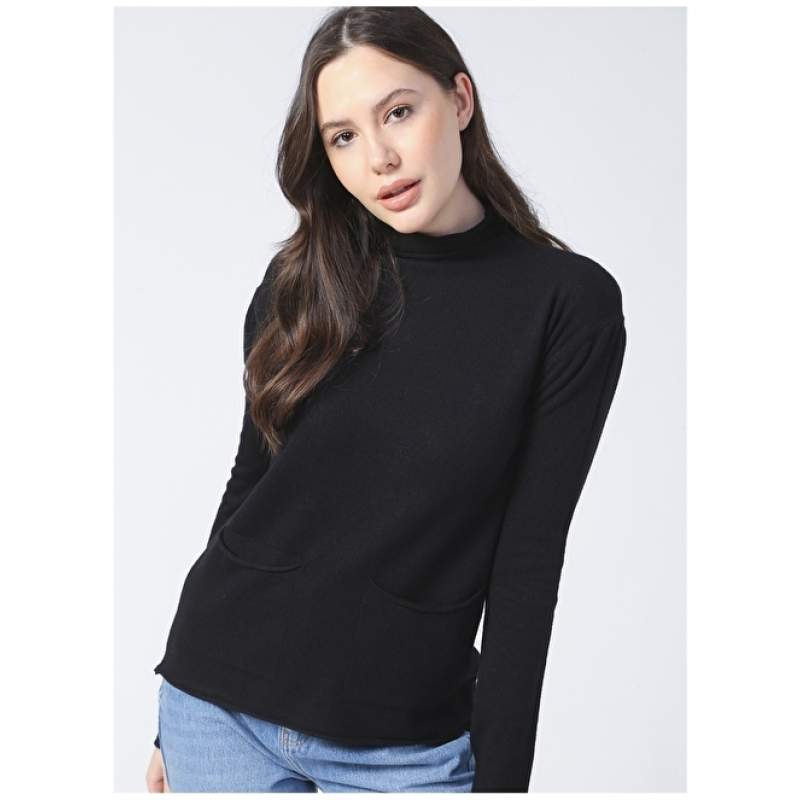 Factory Straight Collar Basic Plain Black Women's Sweater - 20267