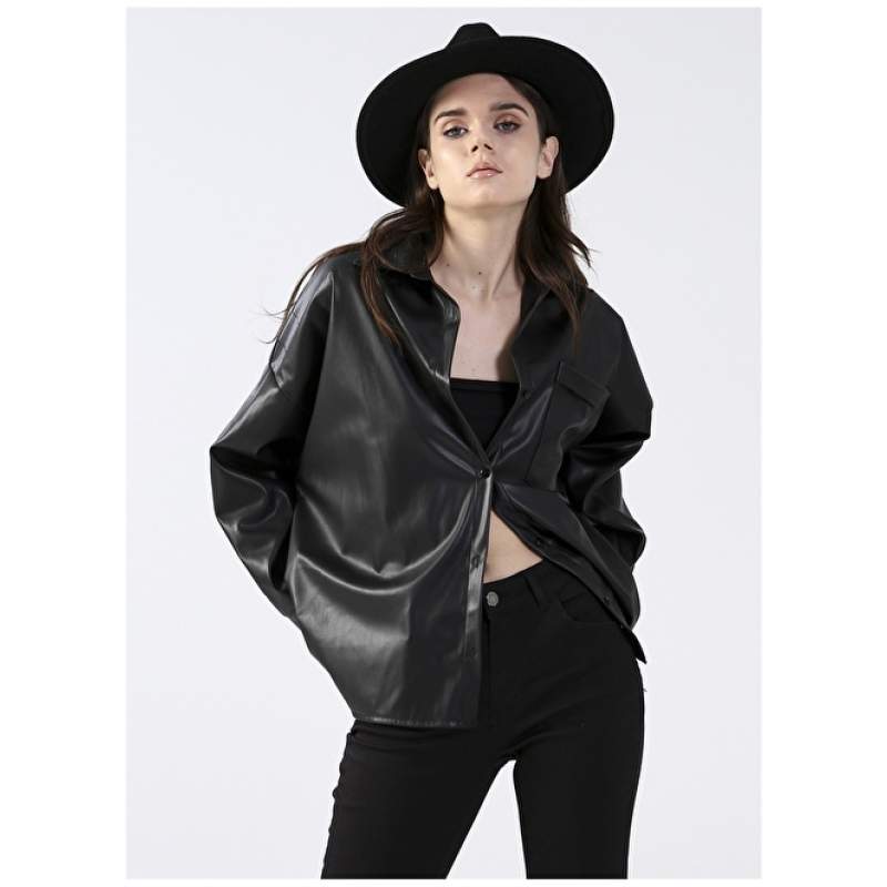 Factory Wide Fit Straight Black Women's Shacket Jacket DELENSA