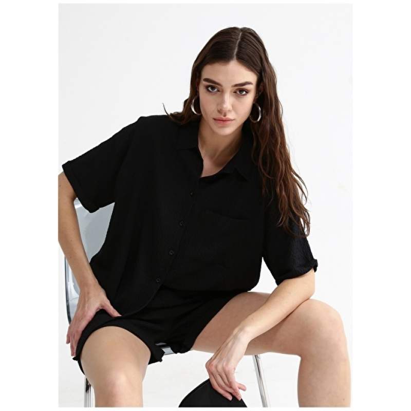 Factory Wide Fit Shirt Collar Dobby Black Women Shirt BETTEN