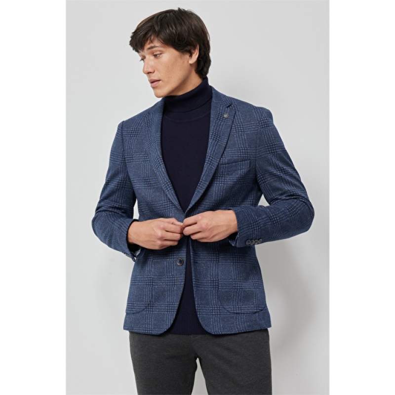 Slim Fit Slim Fit Mono Collar Tracked Plaid Jacket