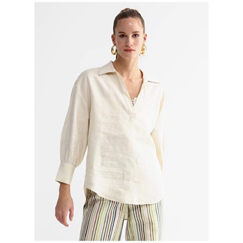 Factory Shirt Collar Plain Light Beige Women's Blouse FONFI