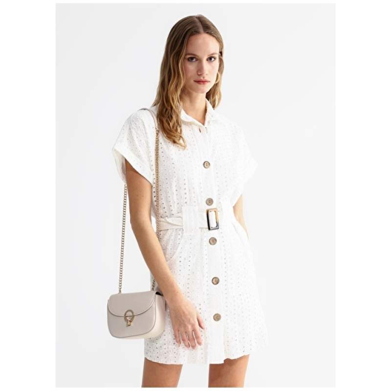 Factory Shirt Collar Guipure White Mini Women's Dress PINKEL