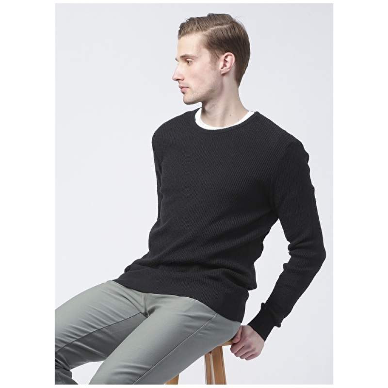 Factory Benjamin-F Crew Neck Basic Jacquard Black Men's Sweater