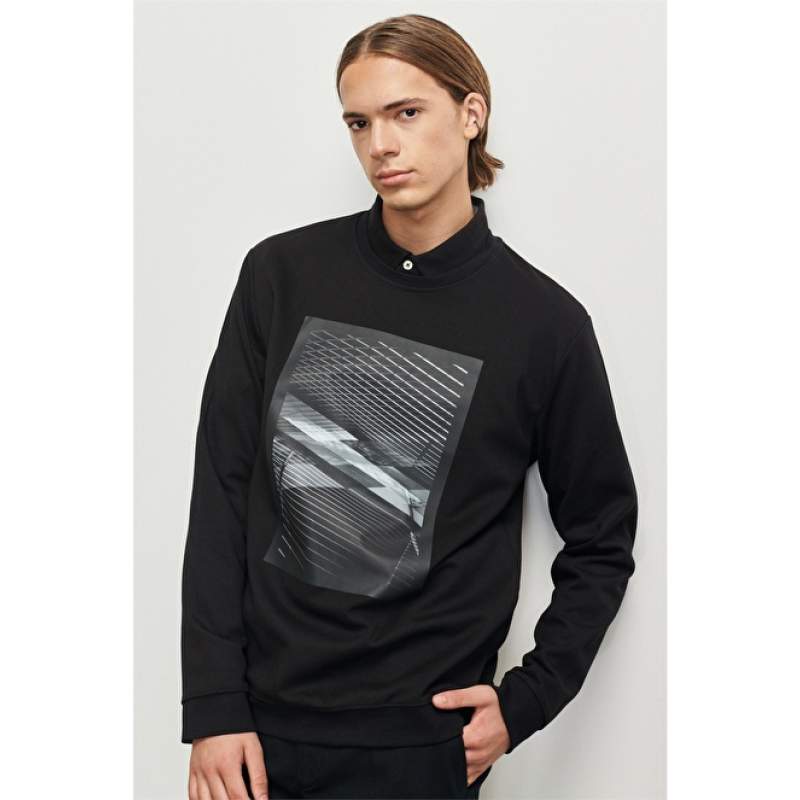 Standard Fit Bicycle Collar Picture Printed Sweatshirt Standard Fit Bicycle Collar Picture Printed Sweatshirt