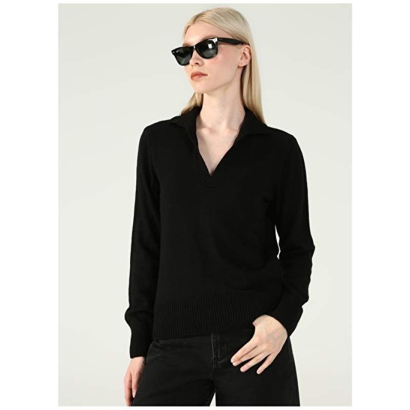 Factory Polo Collar Plain Black Women's Sweater MORLEY