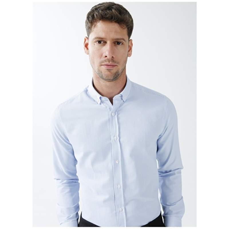 Factory Buttoned Collar Dobby Blue Men's Shirt MAYDOS 2 UD WITHOUT POCKETS