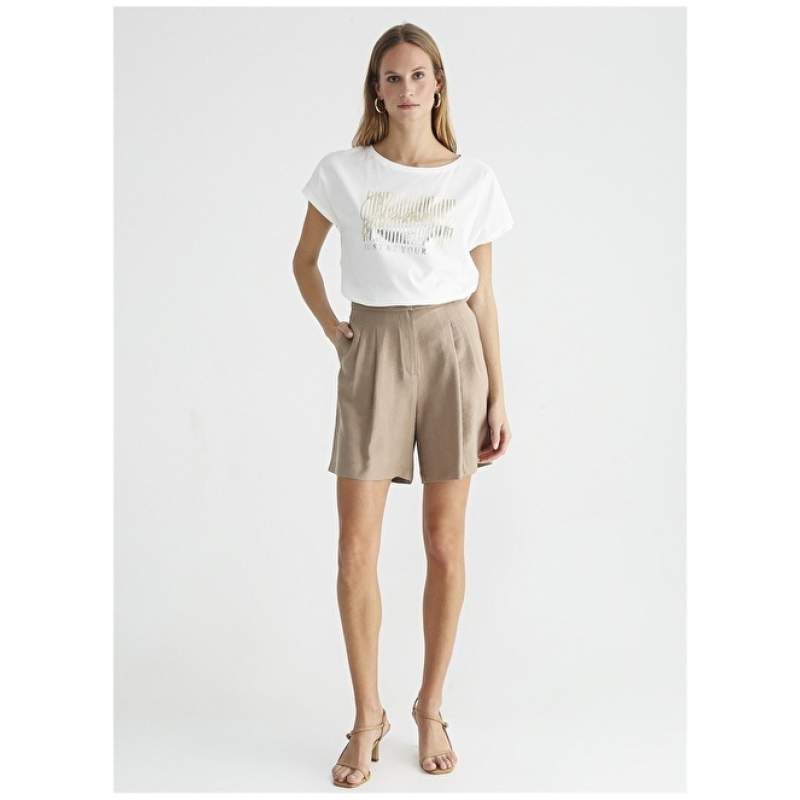Factory High Waist Basic Beige Women's Shorts REZNOR