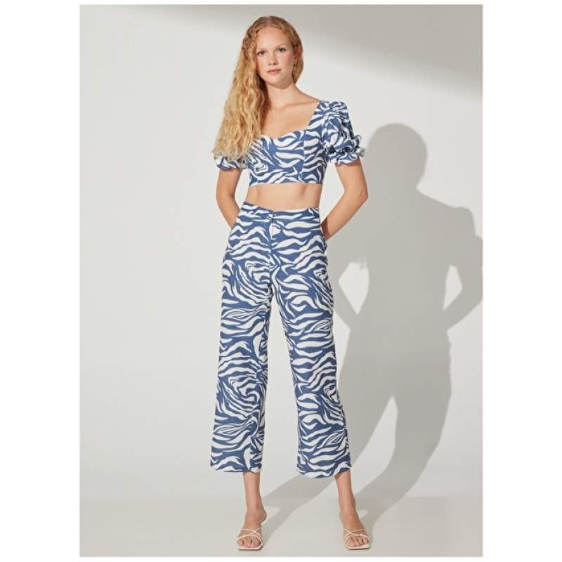 Factory Normal Waist Wide Fit White - Navy Blue Women's Trousers TATUM