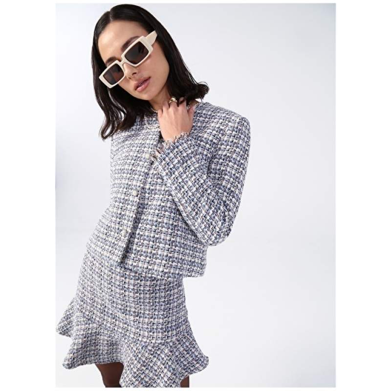 Factory Crew Neck Basic Tweed White - Navy Blue Women's Jacket POZNA