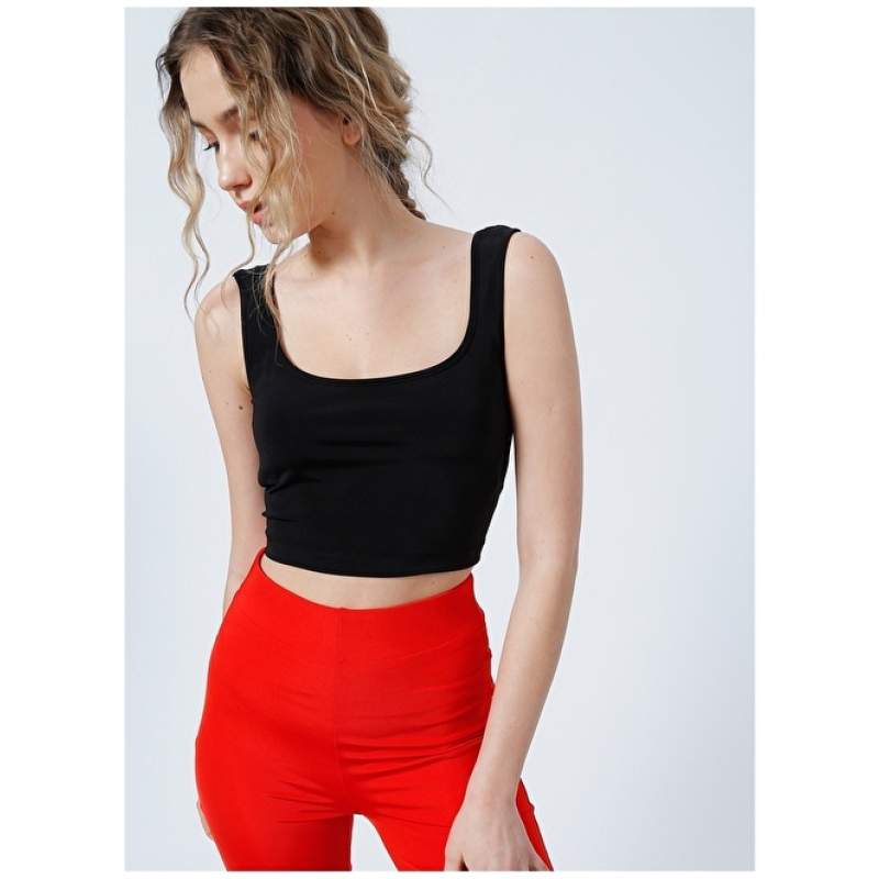 Factory Join Square Collar Crop Plain Black Women's Bustier
